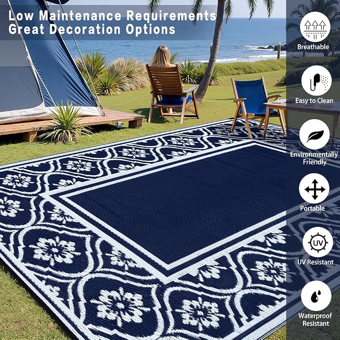 HUGEAR Patio Rug 10'x14' Waterproof Outside Area Rugs Reversible Blue Outdoor - Image 3