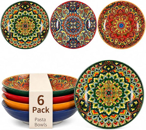 32 oz Pasta Bowls Set of 6, Large Ceramic Colorful Deep Plates, Bohemian Style by Unknown