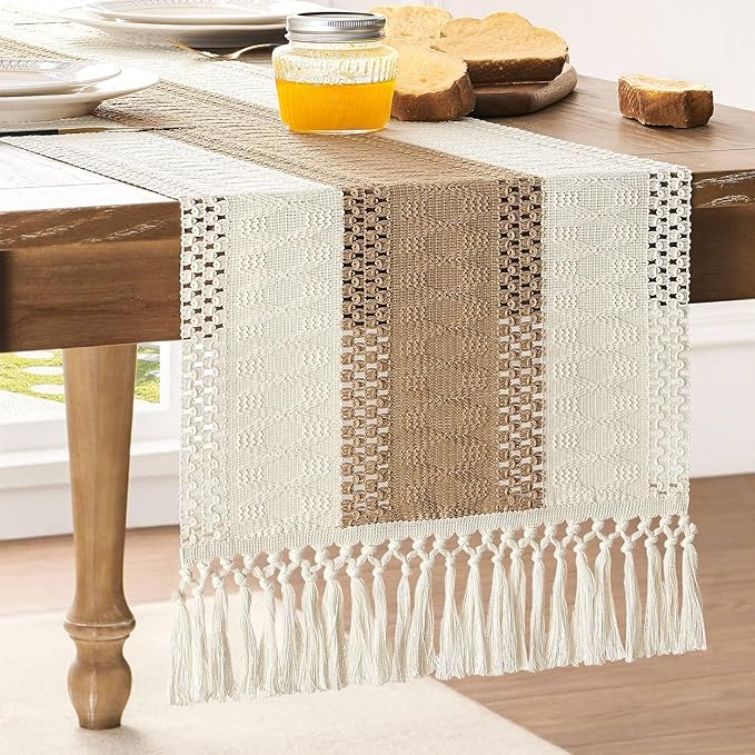 Macrame Style Bicolor Stitching Table Runner 14x72in Brown | Woven Boho Table by ZEEMARTONLINE