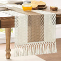 Macrame Style Bicolor Stitching Table Runner 14x48in Brown | Woven Boho Table by ZEEMARTONLINE