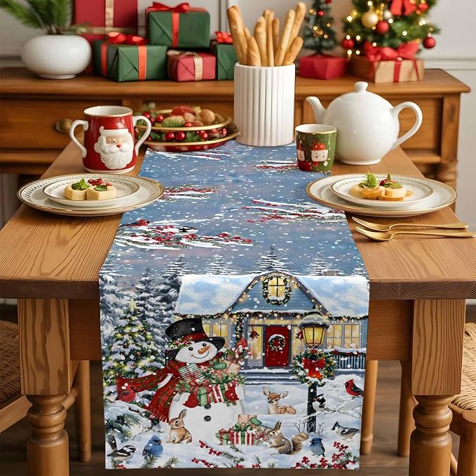 Merry Christmas Table Runner 120 Inches Long, Xmas Trees Snowman Snowflake - Image 5
