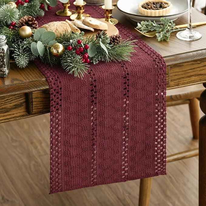 Artoid Mode Red Woven Farmhouse Hollow Table Runner 12x90 Inch | Holiday Rustic - Image 2