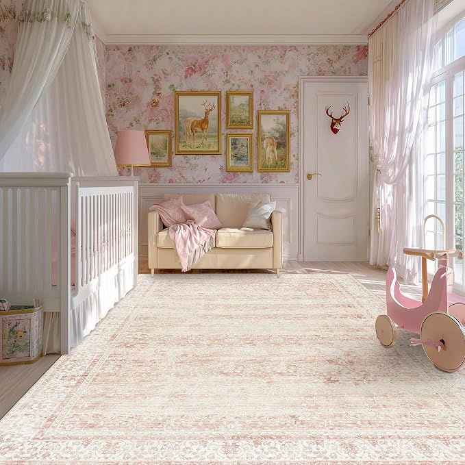Pink Area Rug for Living Room Low Pile Soft 8 x 10 Carpet - Image 5