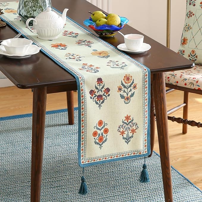 Designer French Linen Long Table Runner, Floral Pattern, Dining Table, Kitchen - Image 2