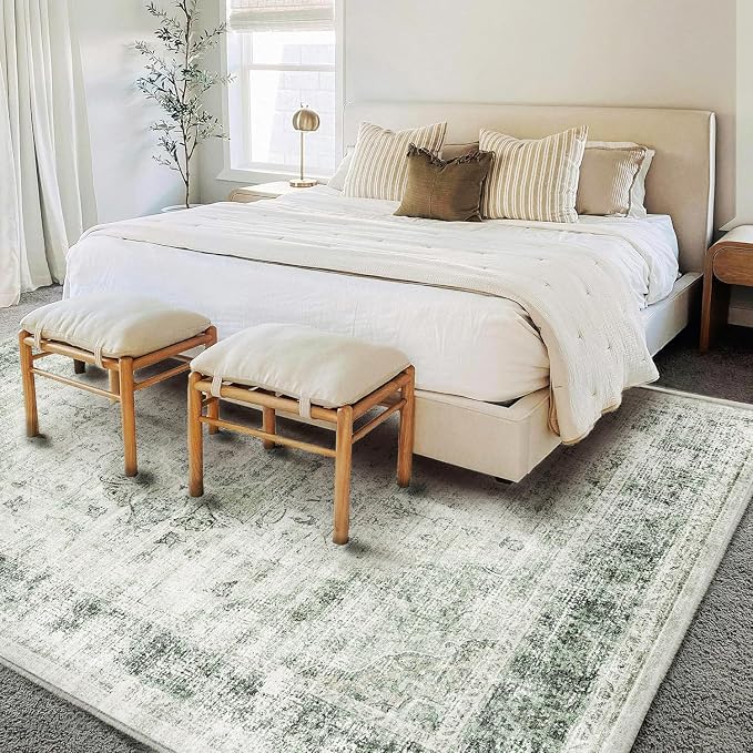 CHAMPLANT Washable Area Rug 9'x12' Retro Floral Green Boho Design Non-Shedding - Image 2
