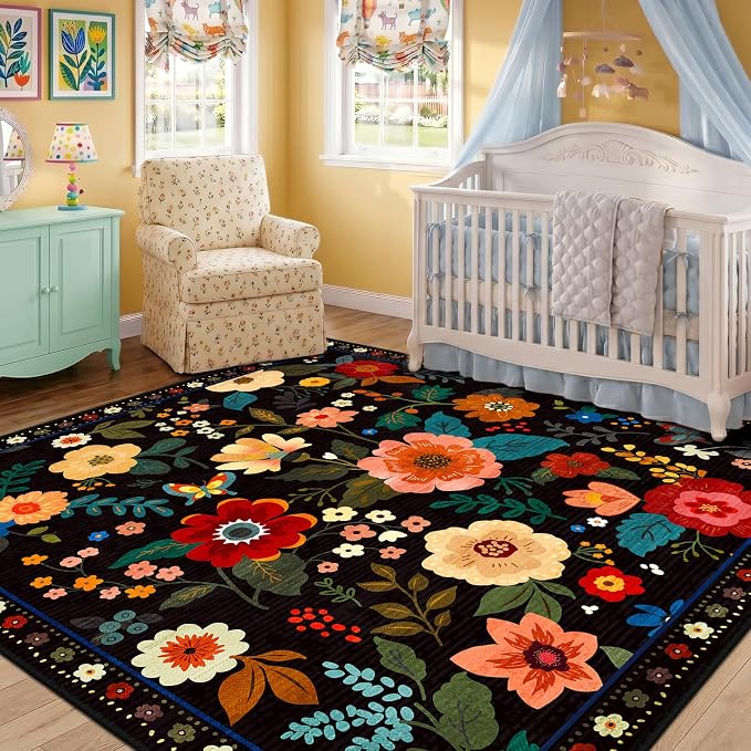RELEANY Floral Square 5ft Area Rugs Washable Print Boho Cute Carpet Non Slip - Image 6