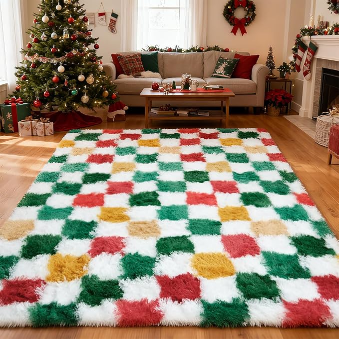 Checkered Area Rug 5x8 for Bedroom Living Room, Christmas Shag Rug Fuzzy Shaggy by Boshengya