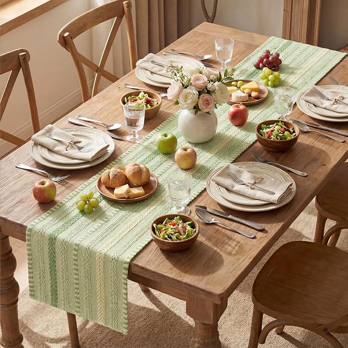 Artoid Mode Sage Green Farmhouse Stripe Braided Table Runner 12x48 Inch | - Image 5
