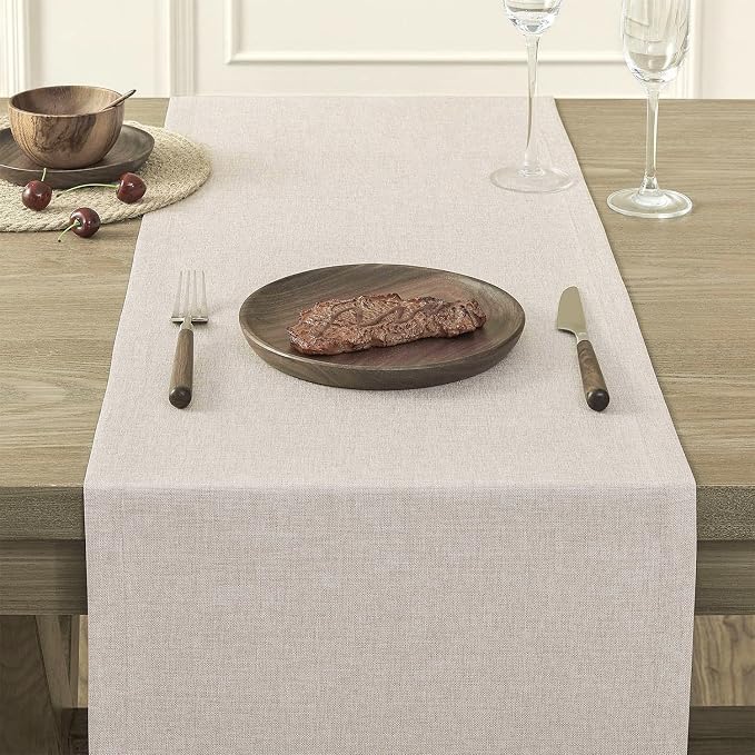 Basic Linen Style Table Runner, 14x60 Inch Light Tan | Mitered Corner Design - Image 5