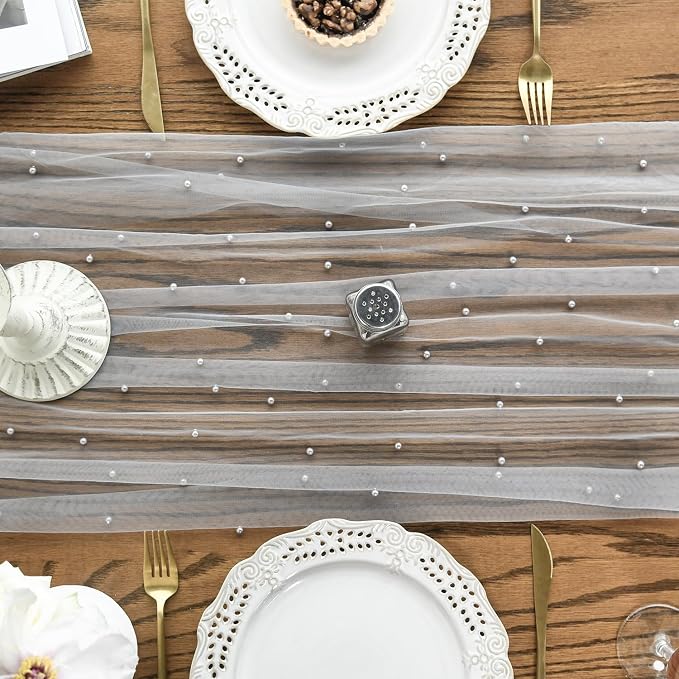 Artoid Mode 6PCS Pearl Grey Gauze Table Runner 120 Inch 10FT, Seasonal Sheer - Image 2