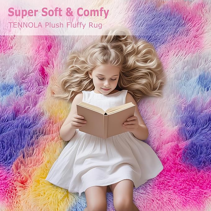 2x3 ft Small Throw Rugs Furry, Non Slip Mini Area Rug, Fluffy Tie-Dyed Rainbow - Image 9