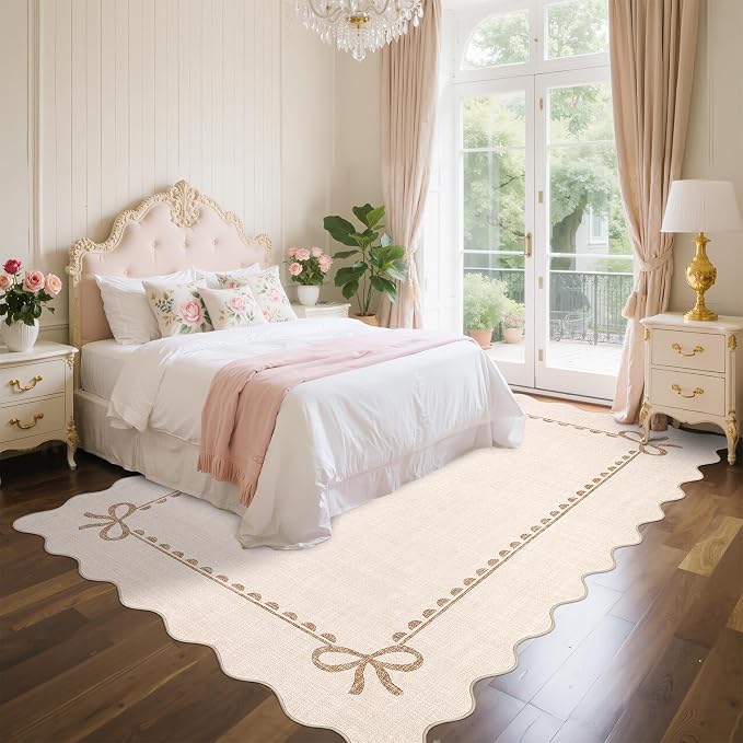 GarveeHome Scalloped Bow Rug for Living Room, Solid Beige Rug for Dorm - Image 3