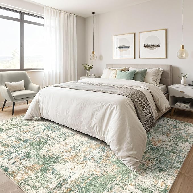 12x15 Area Rug Living Room: Washable Large Abstract Soft Green Rug Stain - Image 4