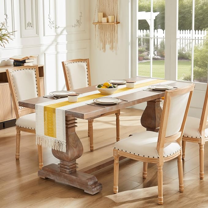 Macrame Style Bicolor Stitching Table Runner 14x90in Mustard | Woven Boho Table - Image 2
