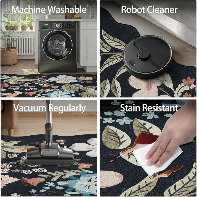 DCX Black Floral Rug 5x7, Washable Black Rug - Image 5
