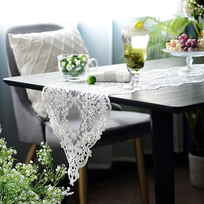 SUTAVIA Lace Patio Table Runner 12"×96" White Embroidered Dresser Scarf | - Image 3