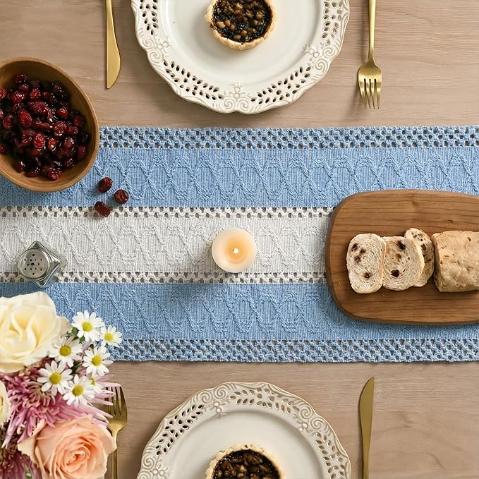 Artoid Mode Sky Blue Farmhouse Woven Table Runner 12x90 Inch | Holiday Rustic - Image 4