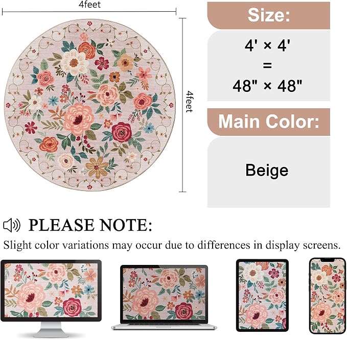 DUKINO Floral Round Rug, 4ft Washable Round Area Rug, Non Slip Indoor Low Pile - Image 2