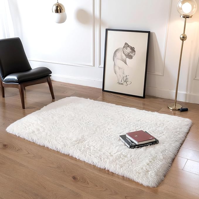 KICHOWUA Thick Area Rug Cream White Fluffy Shag 3x5 by KICHOWUA