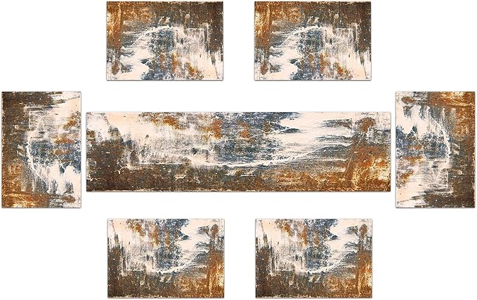 Rust Table Runner and Place Mats Set of 6 Abstract Blue and Brown Metal Steel - Image 2