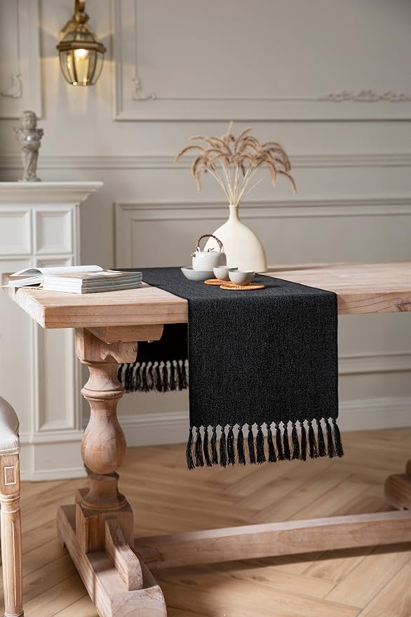 Black Table Runners 48 Inches Long, Burlap Linen Style Rustic Farmhouse Table - Image 3