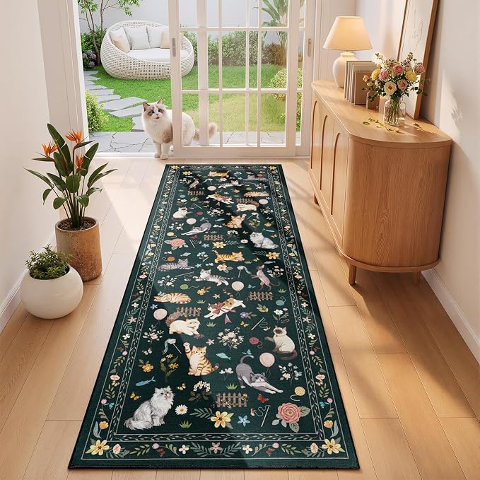 Unirea 2.6x8 Black Cat Runner Rug, Washable Non Slip Botanical Rug - Image 3