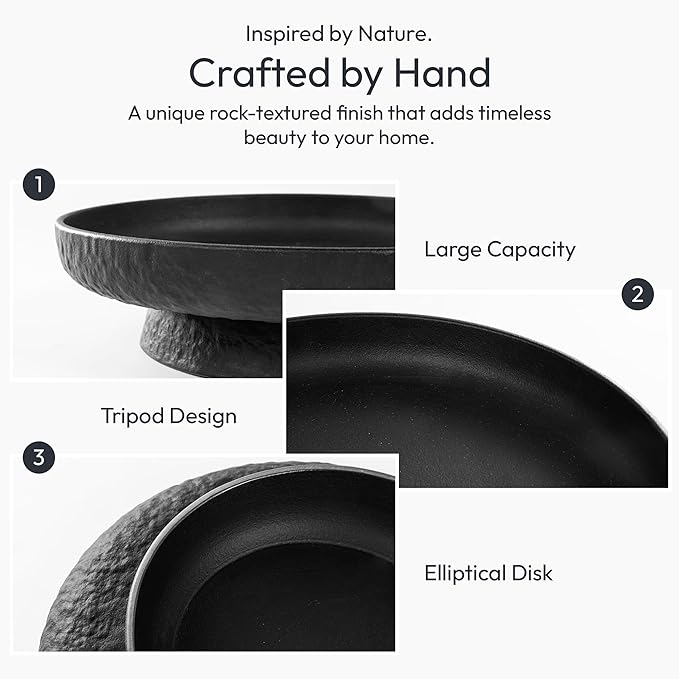Granite Inspired Matte Black Fruit Bowl | Wide, Shallow Textured Pedestal Bowl - Image 3