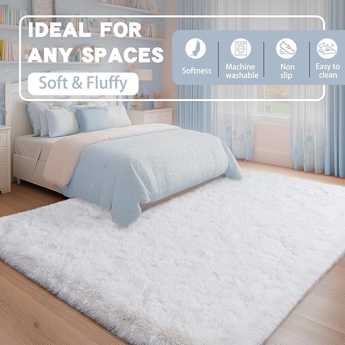 White Rugs for Living Room, Large Area Rug 6x9 Fluffy Shag Rug for Bedroom - Image 2