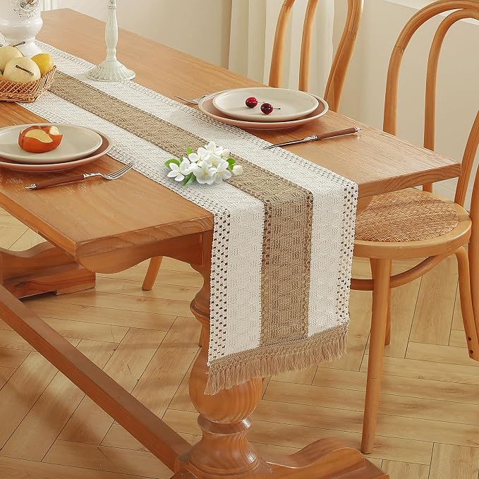 Boho Table Runner for Brown White Tassel Home Decor 72 Inches Long, Modern - Image 2