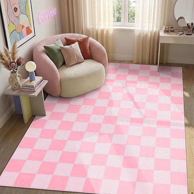 GarveeHome Checkered Blush Pink and White 4x6 Washable Rug Geometric Diamond by GarveeHome