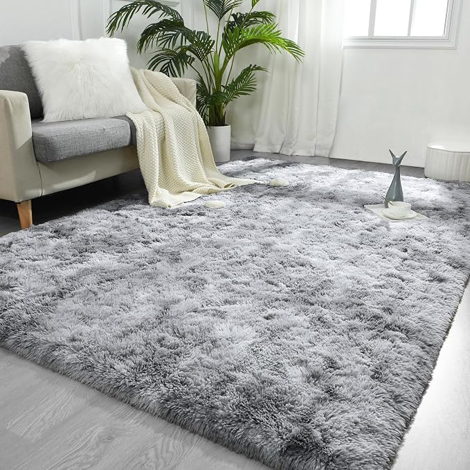 FlyDOIT Large Area Rugs for Living Room, 4x6 Feet Tie-Dyed Light Grey Shaggy by FlyDOIT