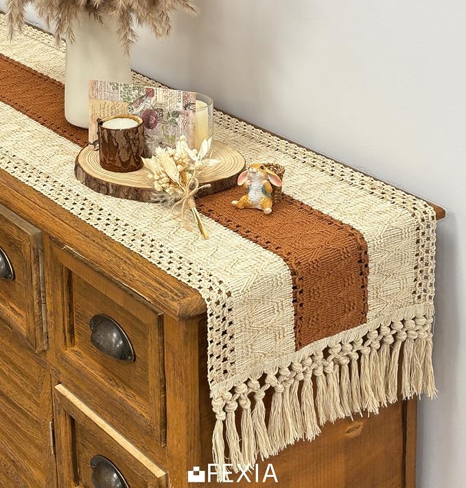 Boho Table Runner for Home Decor 12x90 Fall Coffee Table Decor Caramel | 90 - Image 5
