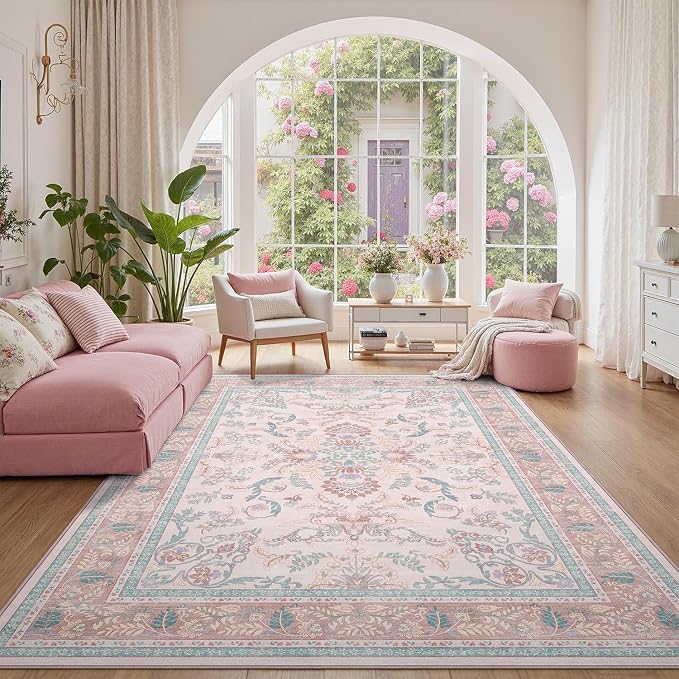 DCX 8x10 Pink Vintage Floral Rug, Machine Washable Non Slip Low Pile Carpet - Image 2