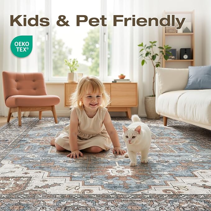8x10 Area Rugs Living Room: Washable Vintage Rug Large Non-Slip Stain Resistant - Image 3