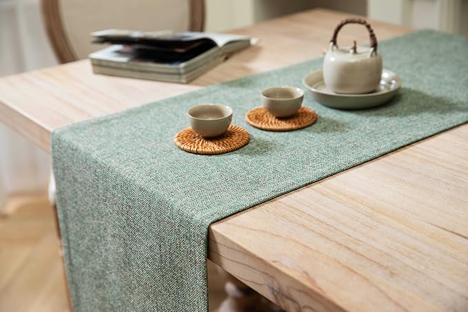 Burlap Style Farmhouse Table Runner, 14x48 Inches Mineral Green | Thick Durable - Image 4
