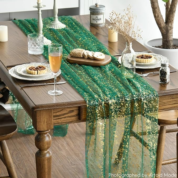Artoid Mode Green Gold Gauze Table Runner 120 Inch 10Pcs, Glitter Metallic Foil - Image 3