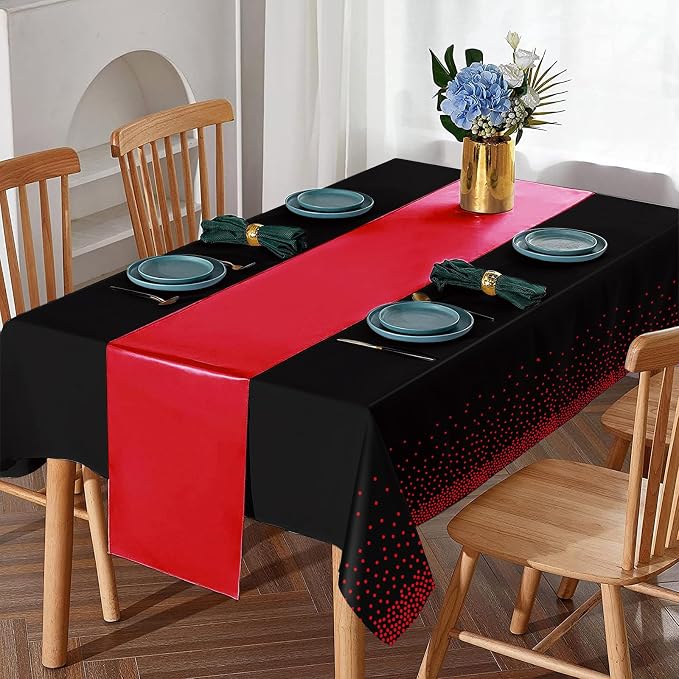 16Pack Disposable Plastic Party Tablecloths and Satin Table Runner Set Black - Image 4