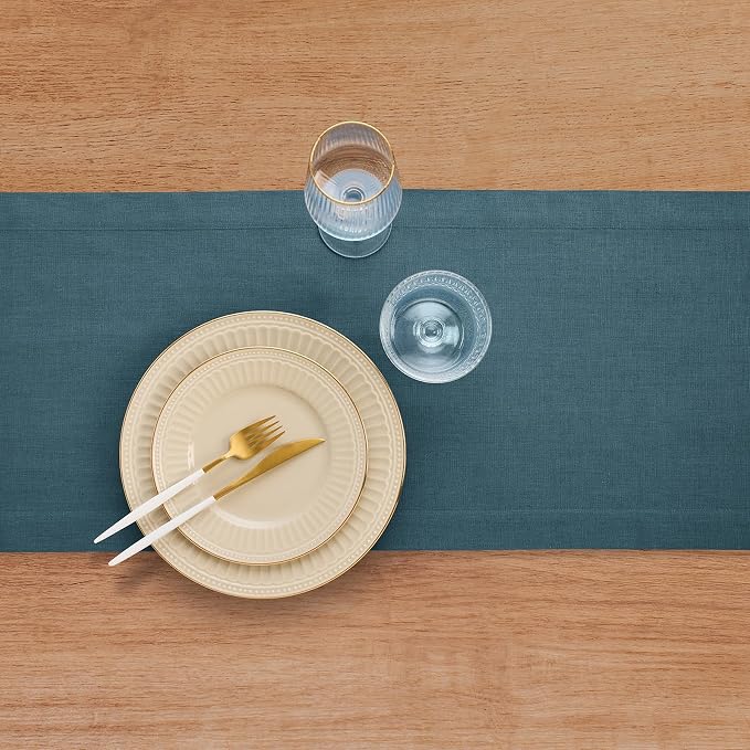Solino Home 100% Linen Table Runner Peacock Blue Woven, Fete 14 x 60 in | Table - Image 5