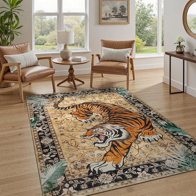DCX Washable 5x7 Tiger Area Rug, Soft Low Pile Carpet, Kid & Pet Friendly - Image 4