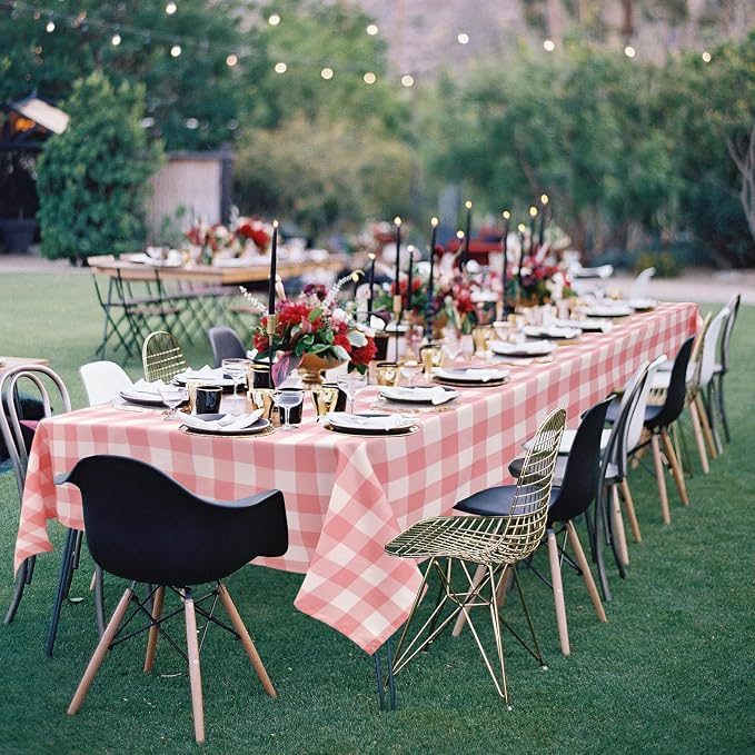 Plaid Tablecloth 2 Pack, 54 x 108 inch, Peach Pink and White | Waterproof - Image 2