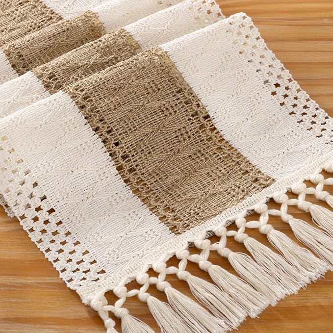DeZerlor Ivory& Burlap Boho Macrame Farmhouse Woven Table Runner 108Inch | - Image 2