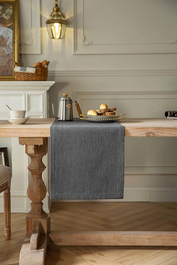 Burlap Style Farmhouse Table Runner, 14x108 Inches Graphite Grey | Thick - Image 2