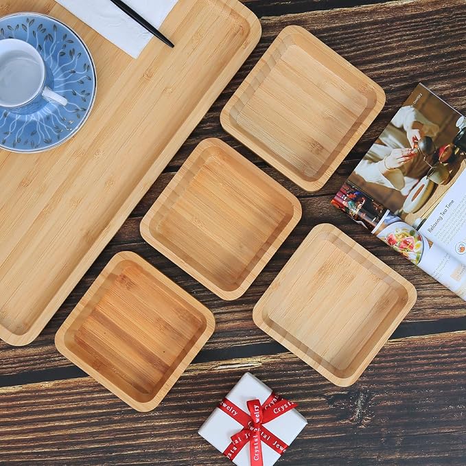 Bamboo Wooden Bowls Set, 4-inch Square Snack Bowls - Image 4