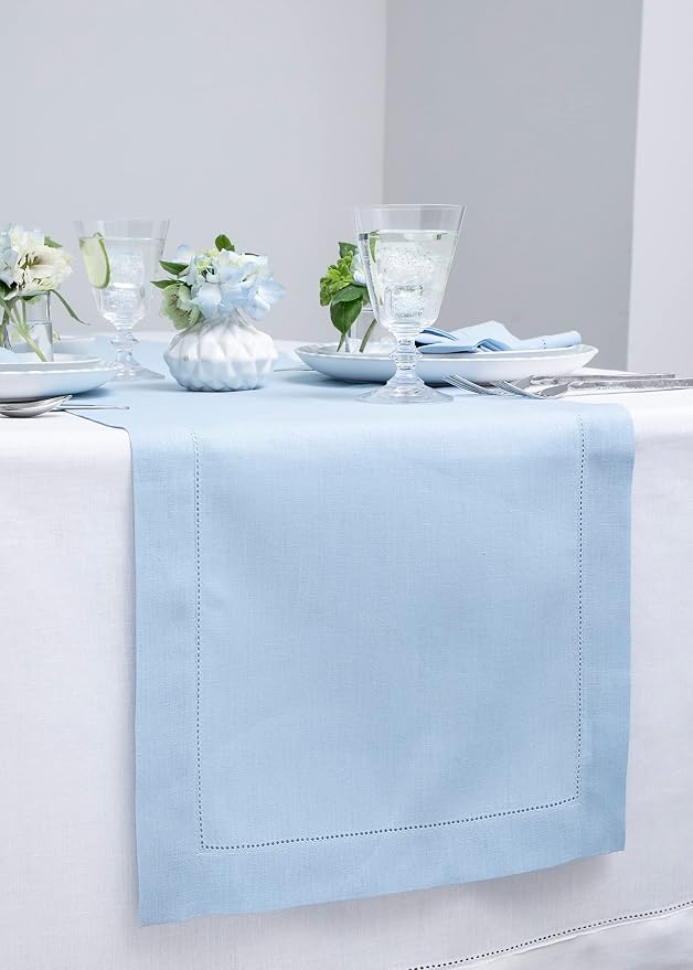 Solino Home 100% Linen Table Runner Sky Blue, Classic Hemstitch 14 x 120 in | - Image 2