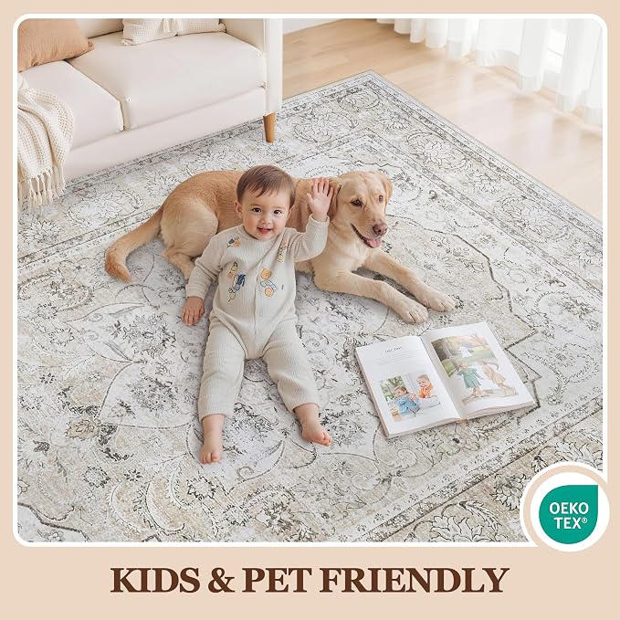 8x10 Area Rugs for Living Room:Beige Washable Vintage Medallion Carpet Non-Slip - Image 5