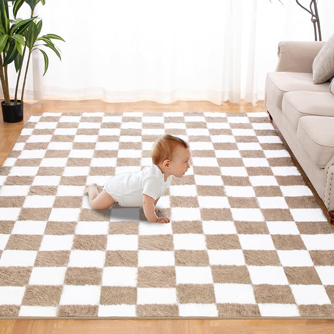 Super Soft Rug for Bedroom, 6x9 Ft Beige and White Area Rug Classic Checkered by TOOHUB