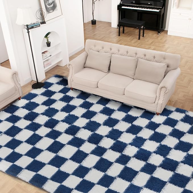 Super Soft Rug for Bedroom, 4x6 ft Blue and White Area Rug Classic Checkered - Image 7