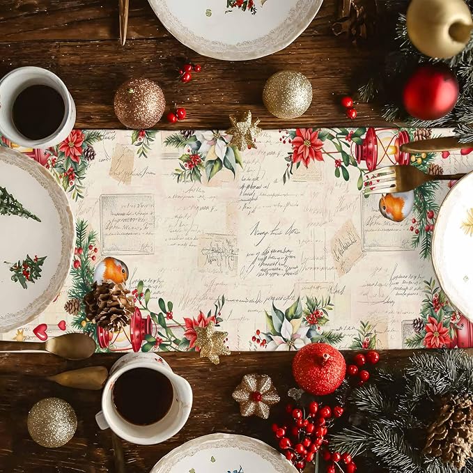 Christmas Poinsettia Table Runner 108 Inches Long, Winter Xmas Balls Birds - Image 4