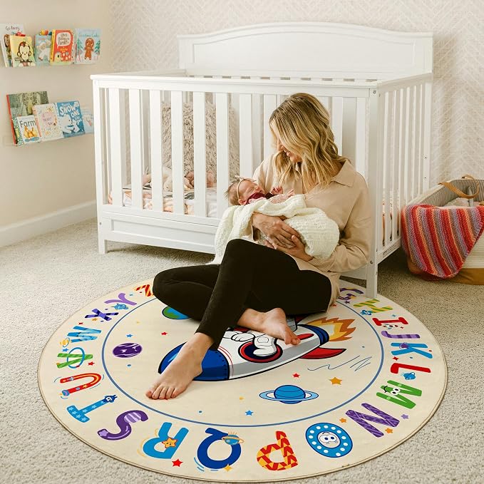 Washable Alphabet ABC Round Rug 3.14ft, Kids Astronaut Space Circle Carpet - Image 9