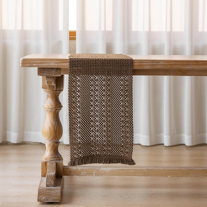 Fall Thanksgiving Boho Macrame Brown Table Runner 13x60 Inch | Woven Burlap - Image 6